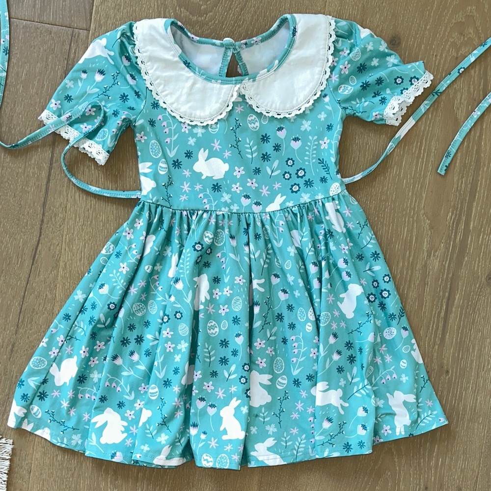 Aqua Bunny Print Peter Pan Collar Dress Elizacat Eliza cat new size 5 Easter